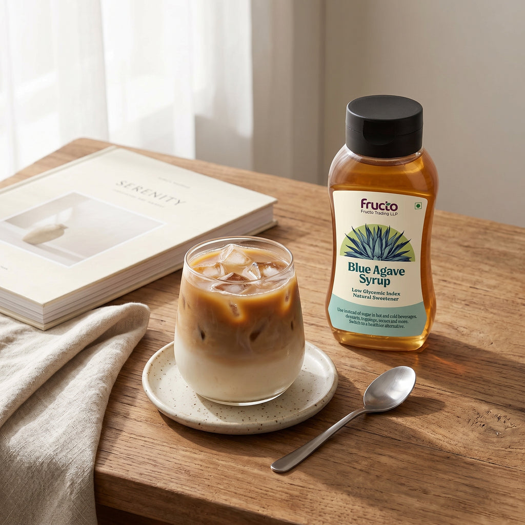 Fructo Blue Agave Syrup on rustic wooden table with latte