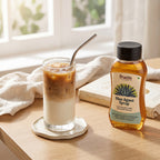 Fructo Blue Agave Syrup by window with iced coffee and book