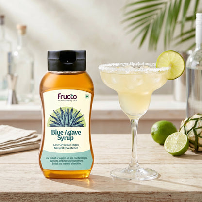 Fructo Blue Agave Syrup with classic margarita and limes
