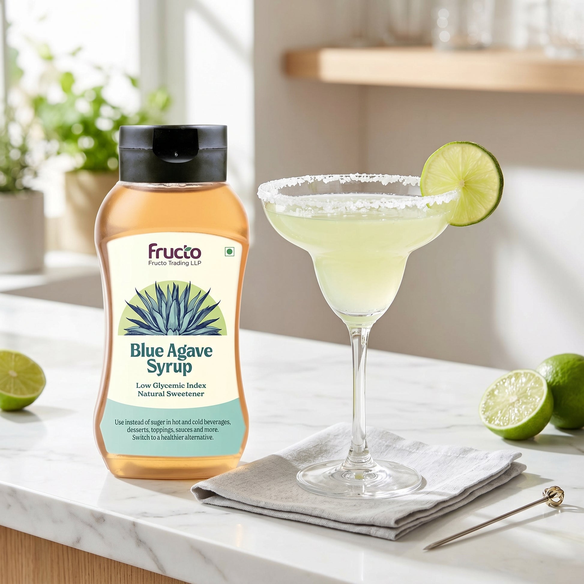 Fructo Blue Agave Syrup with margarita on marble counter