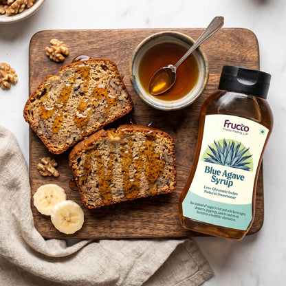 Fructo Blue Agave Syrup with banana bread and walnuts