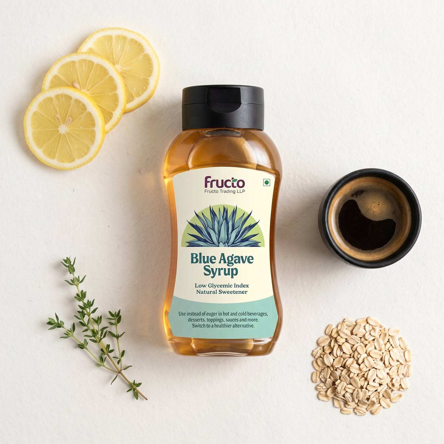 Fructo Blue Agave Syrup everyday flat lay with coffee and oats