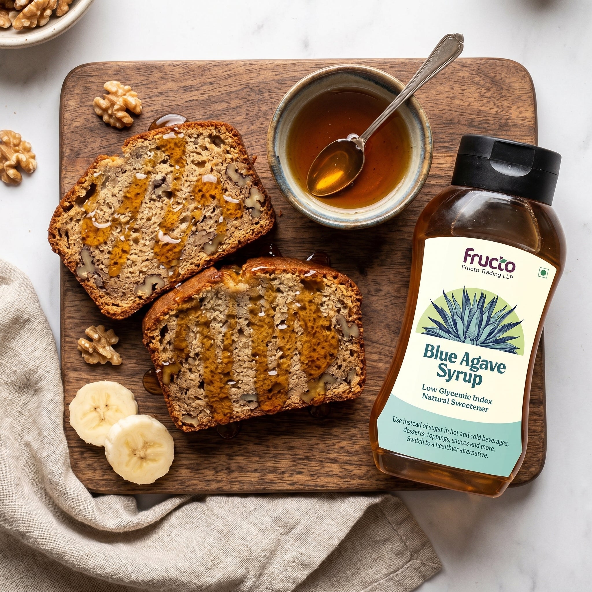 Fructo Blue Agave Syrup with banana bread